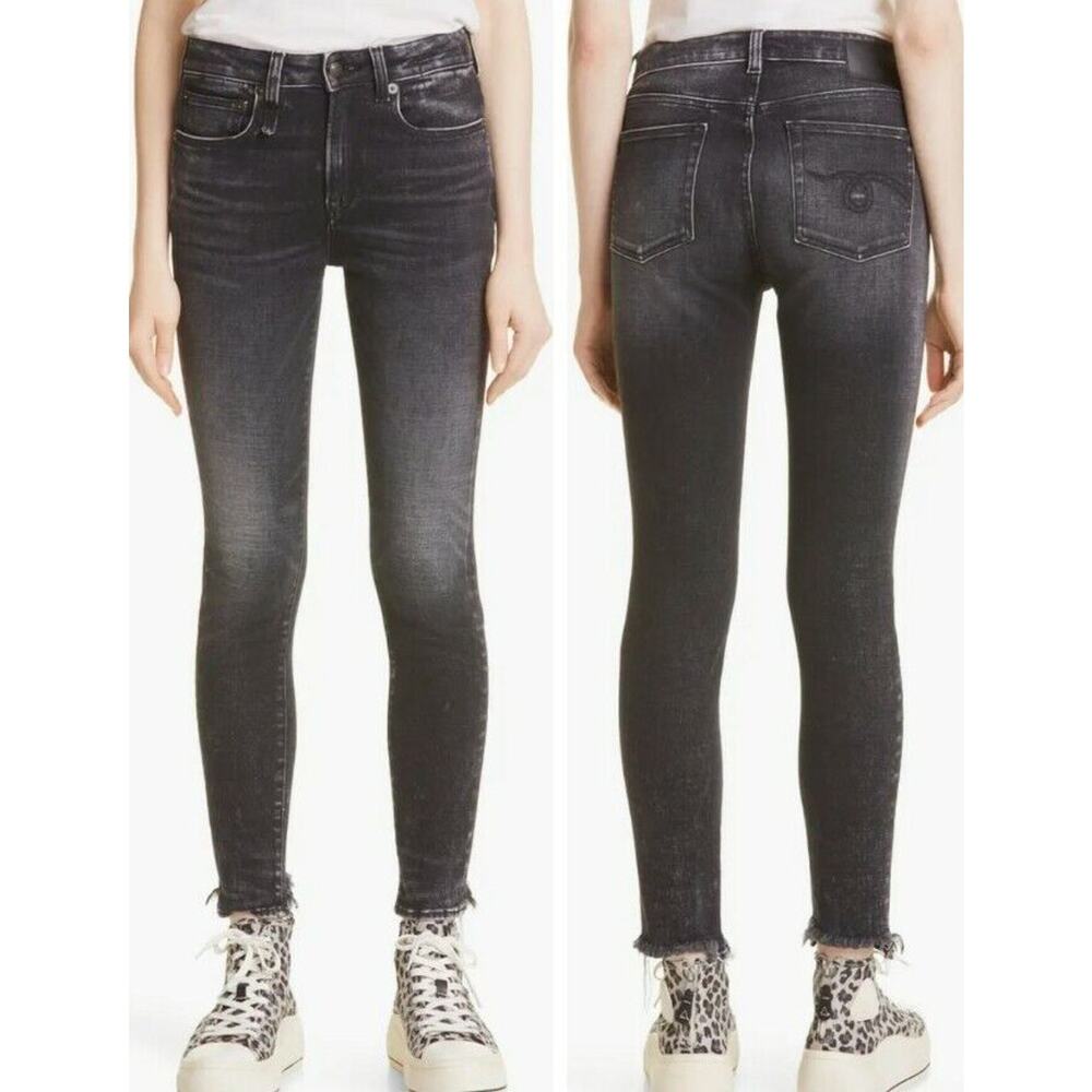 R13 Alison Skinny Jeans in Morrison Black Sz 26 Mid Rise Cutout Back Hem (Y